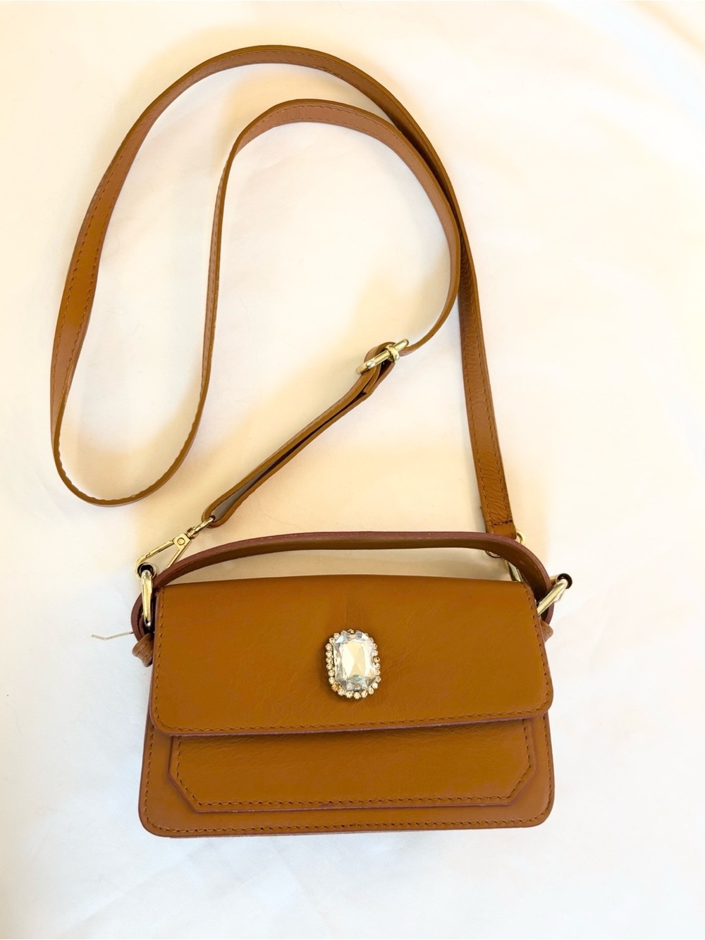 Persaman New York Tan Leather Crossbody with Jewel Accent